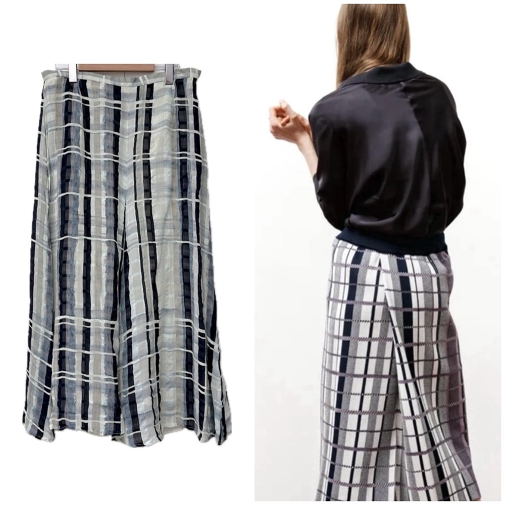 Women's Navy and White Plaid Wide-Leg Skirt